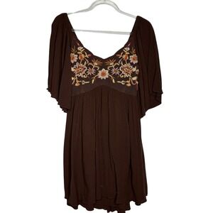 Shyanne Small Brown Embroidered Babydoll Dress Boho Western Cowgirl Peasant